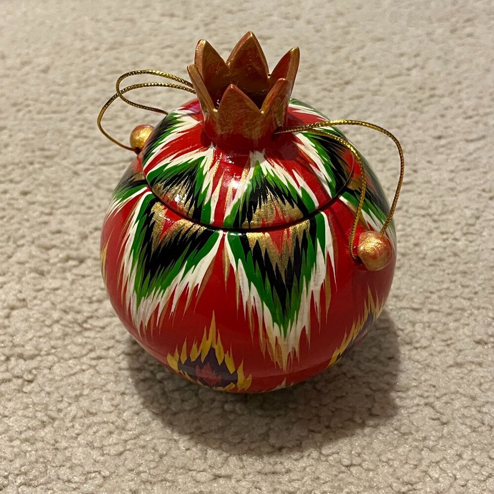 NEW Hand-Painted Colorful Ceramic Pomegranate Trinket Box with Ikat Motif